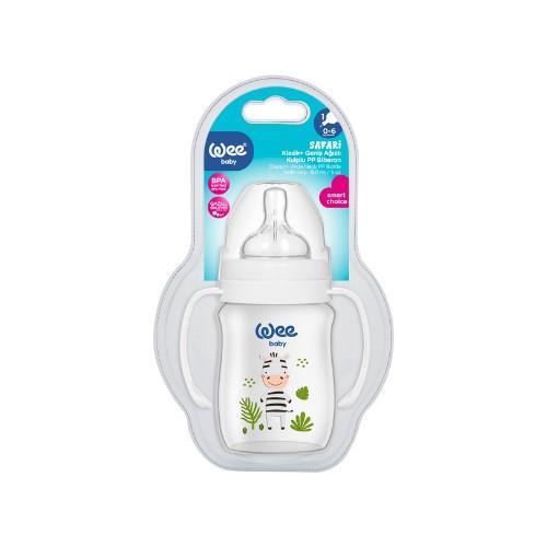Wee Baby Safari Kulplu PP Biberon 150 ml - GRİ ZEBRA