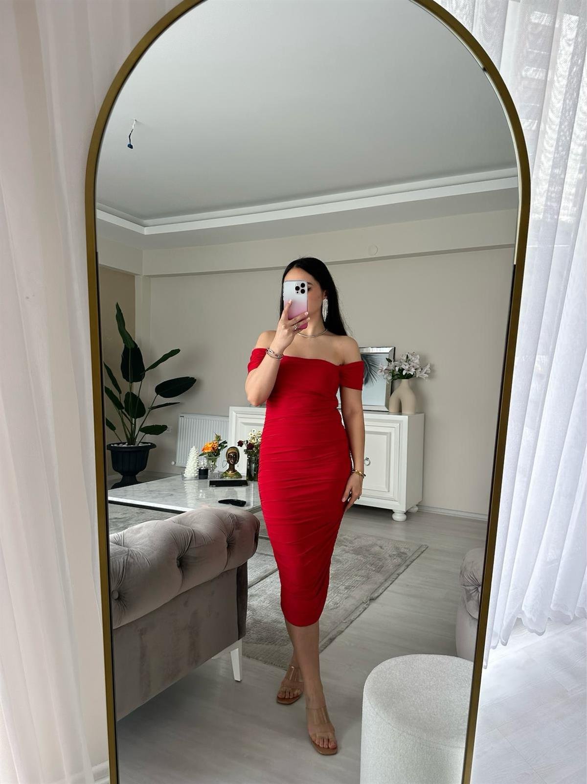 DRAPELİ KIRMIZI ELBİSE