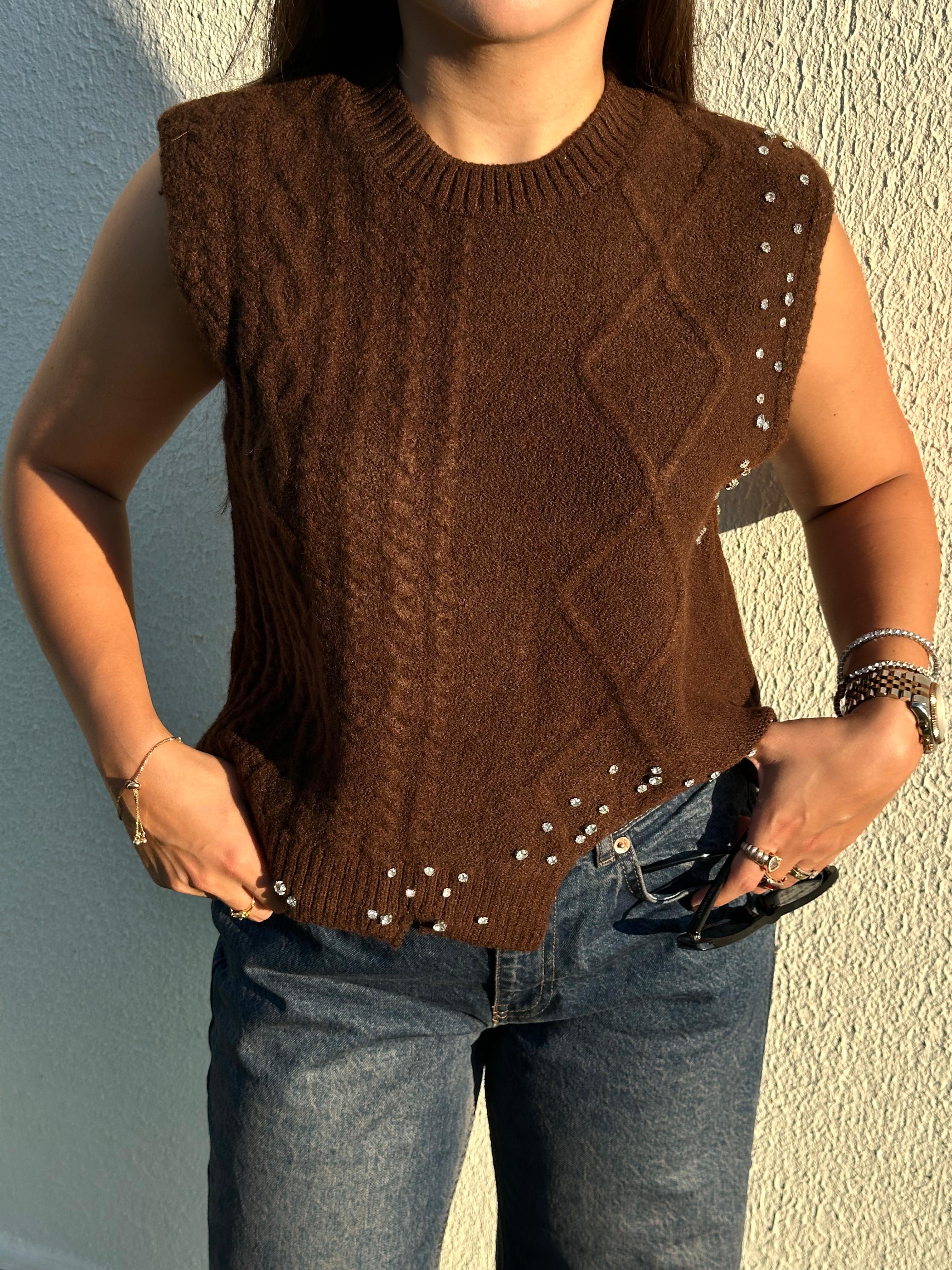 KAHVE TAŞ İŞLEMELİ SÜVETER