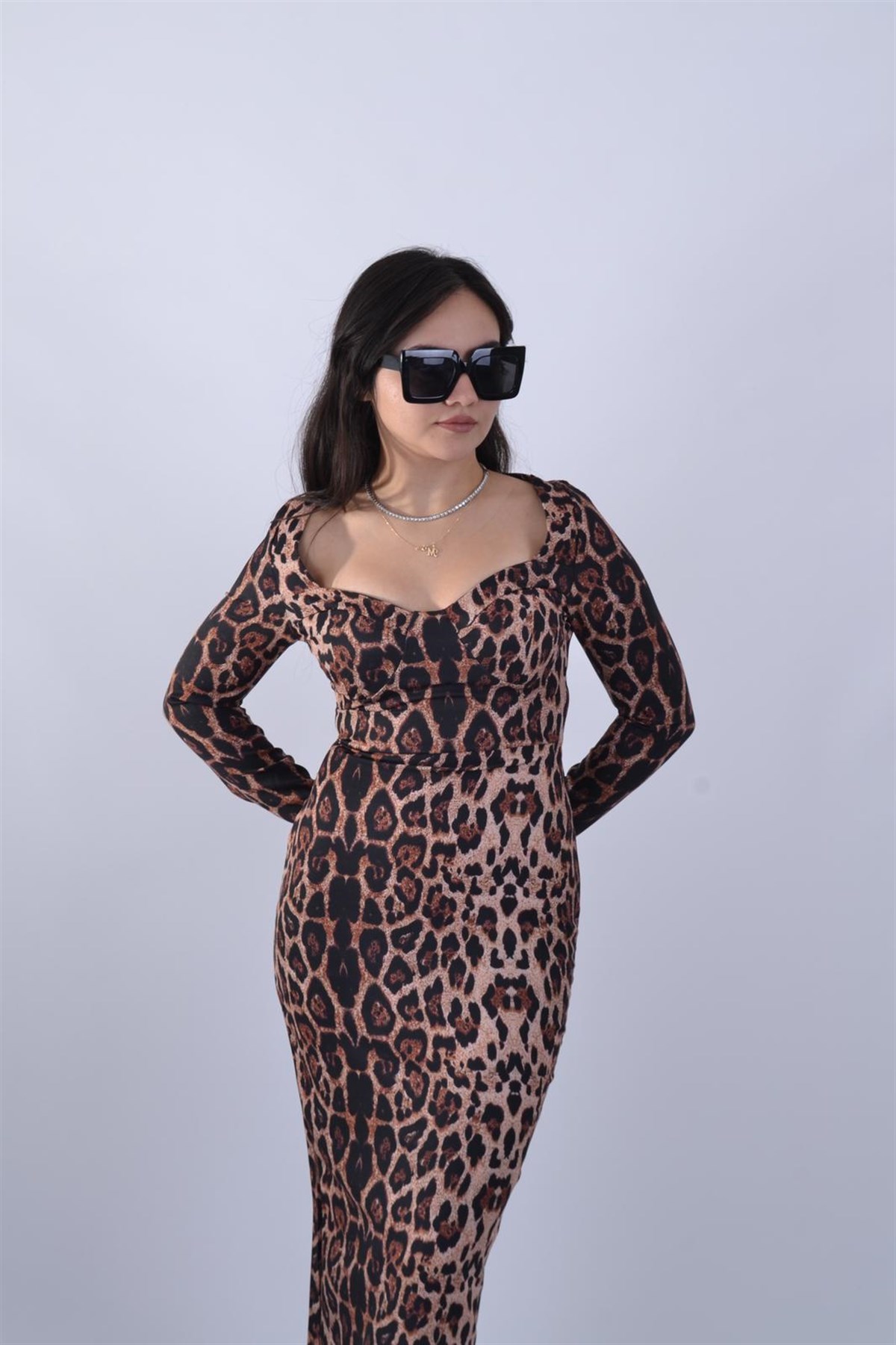 LEOPAR KARE YAKA ELBİSE