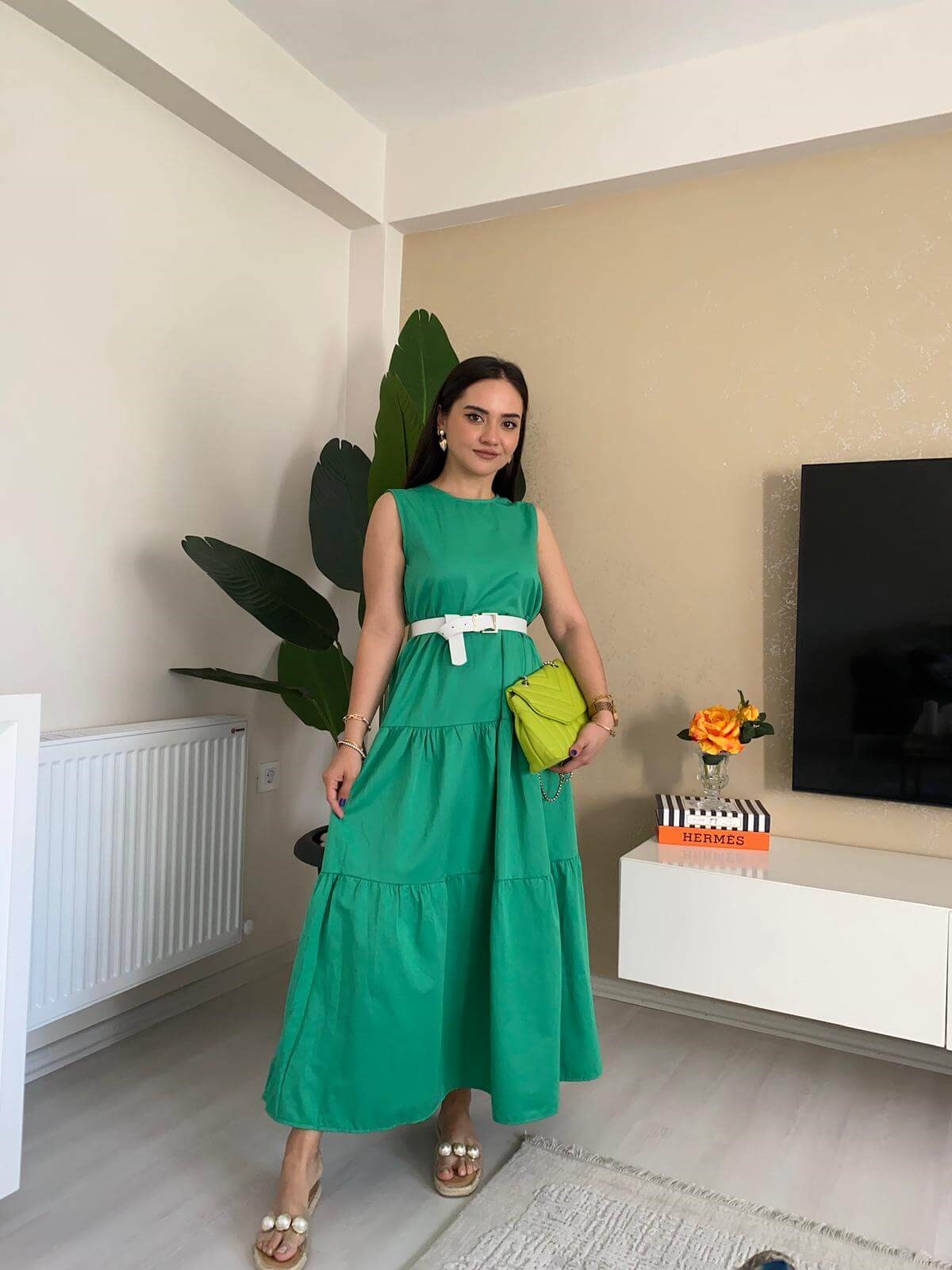 POPLİN KUMAŞ ELBİSE YEŞİL