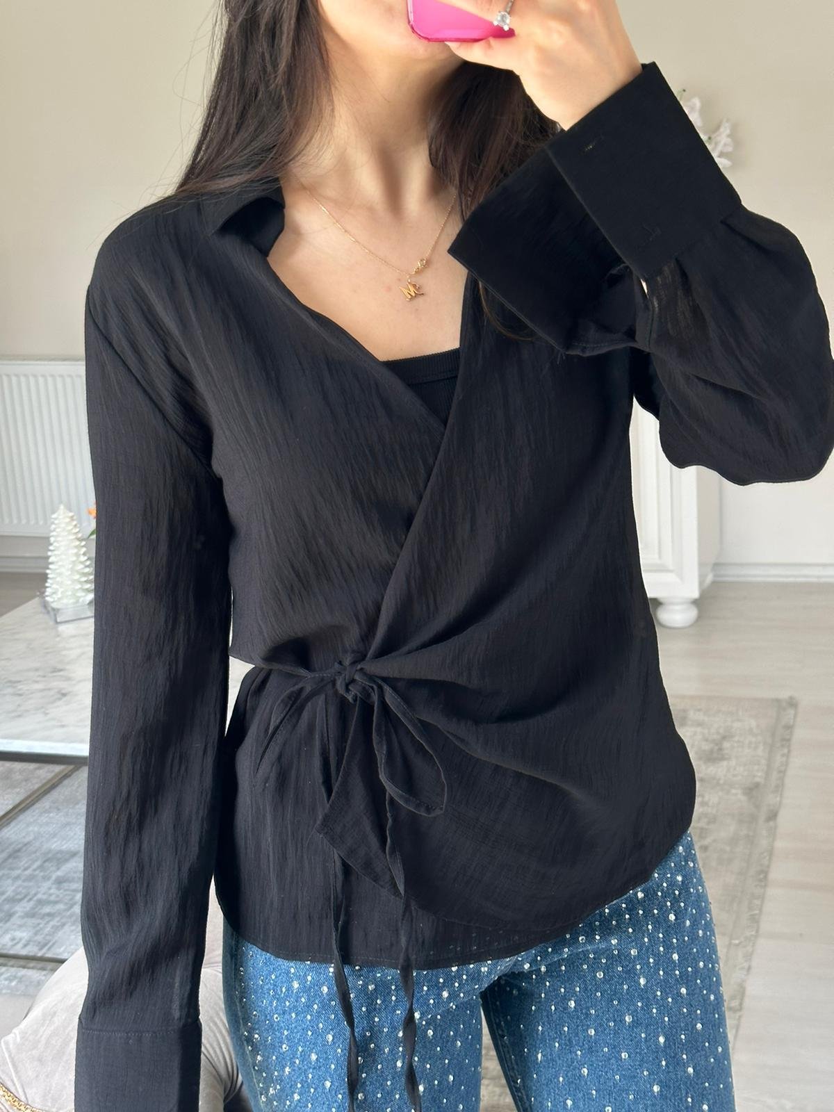 SİYAH KETEN GÖMLEK