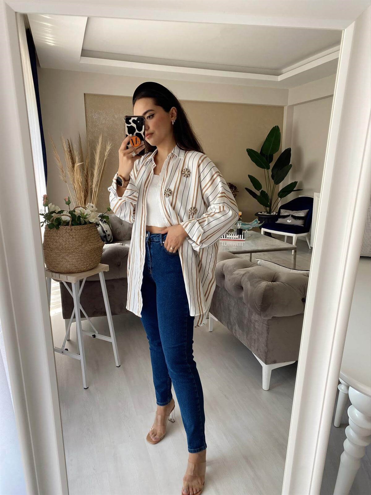 TAŞ İŞLEMELİ CİZGİLİ GÖMLEK