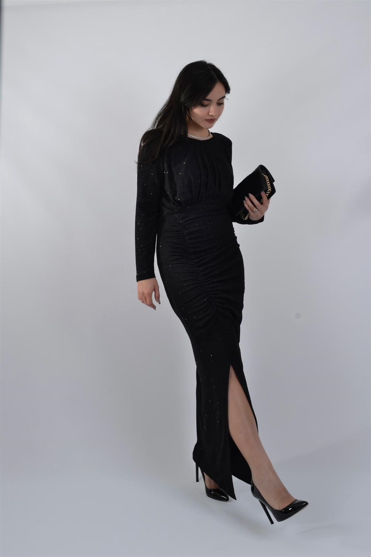 VATKALI IŞILTILI DRAPELİ ELBİSE