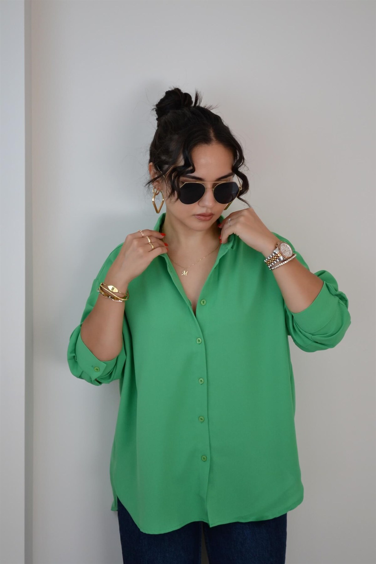 YEŞİL CREP GÖMLEK