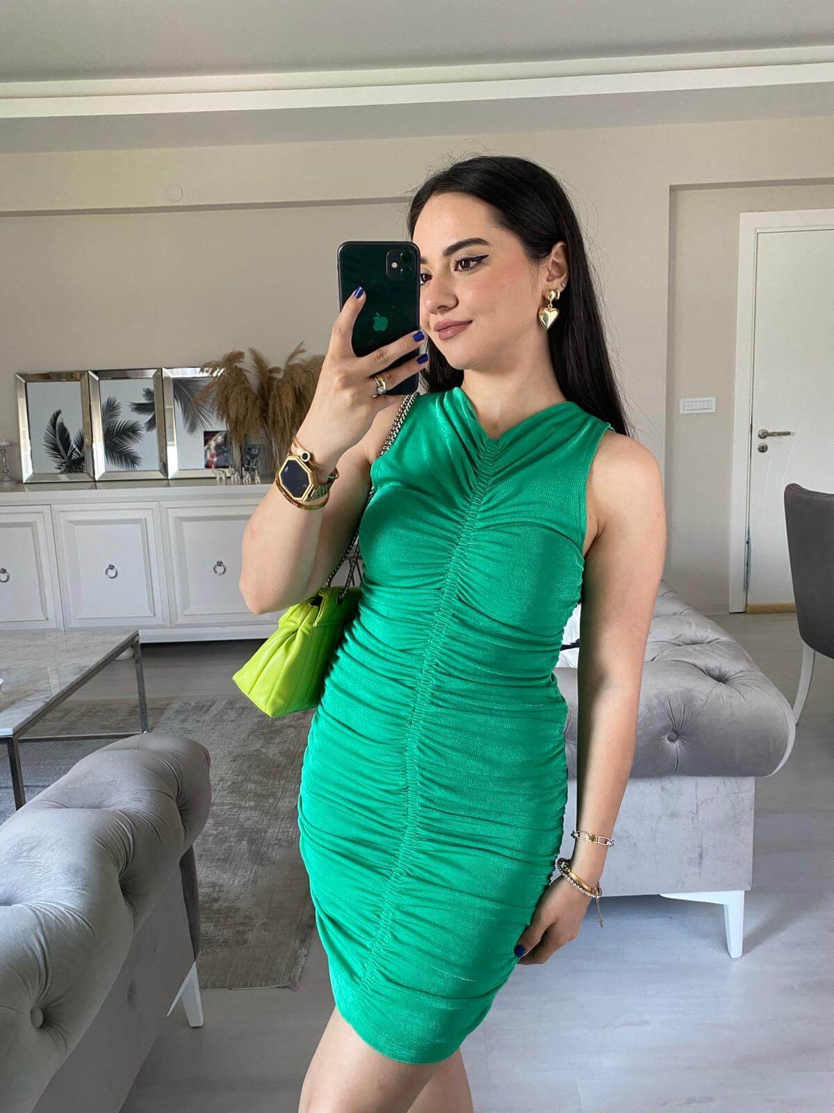 YEŞİL DRAPELİ ELBİSE