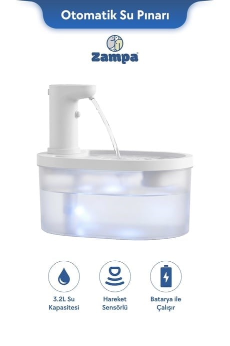 Zampa Oval Pet Otomatik Su Pınarı(Bataryalı) - Kedi Mama ve Su Kapları