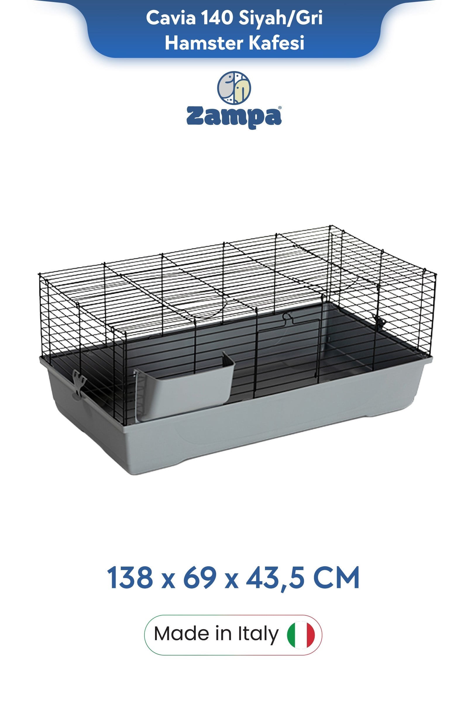 Zampa Plus Cavia 140 Tavşan ve Hamster Kafesi Siyah/Gri 138x69x43,5 cm - Kemirgen