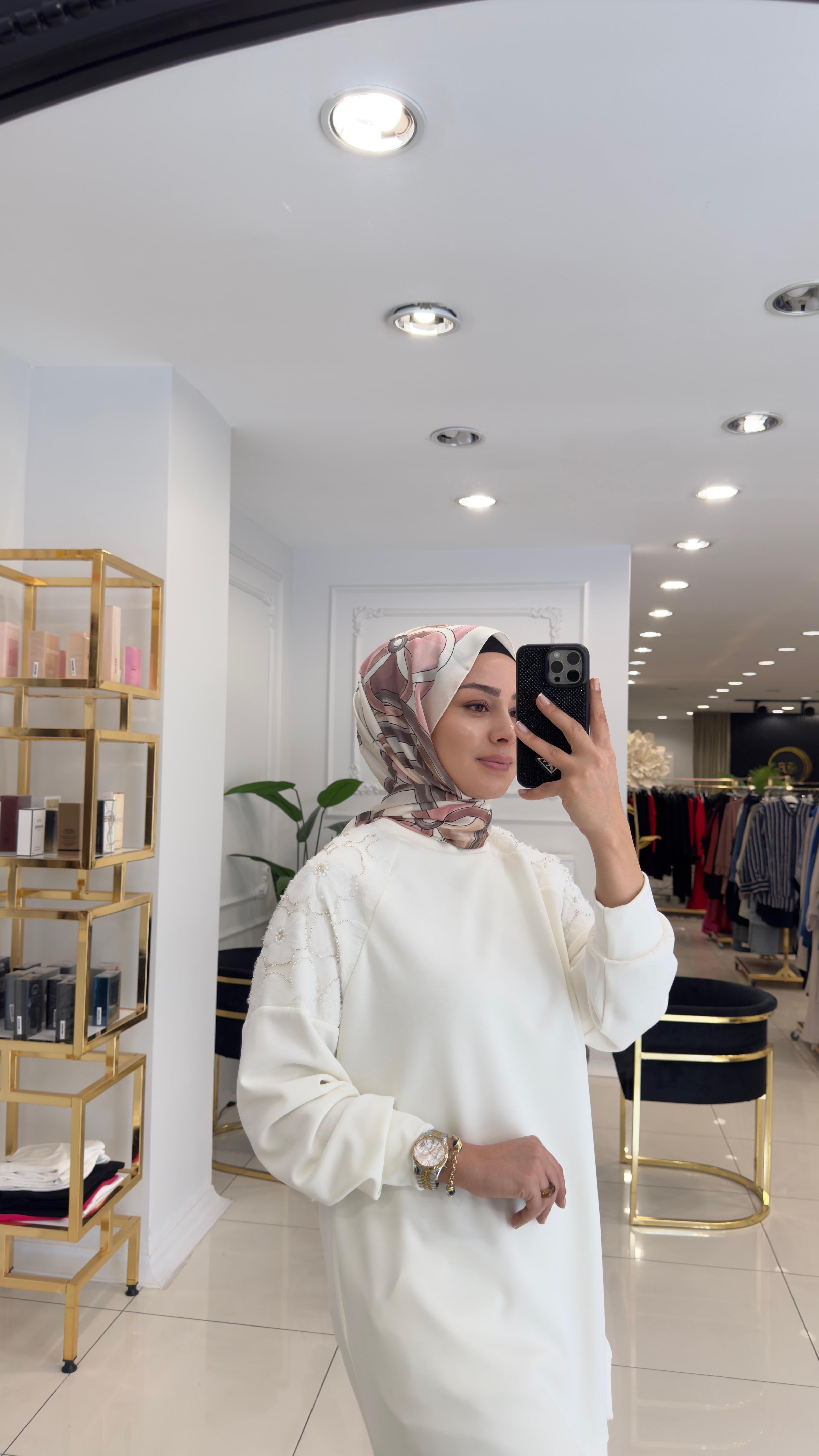 10616 Omuz işlemeli bambu tunik-EKRU