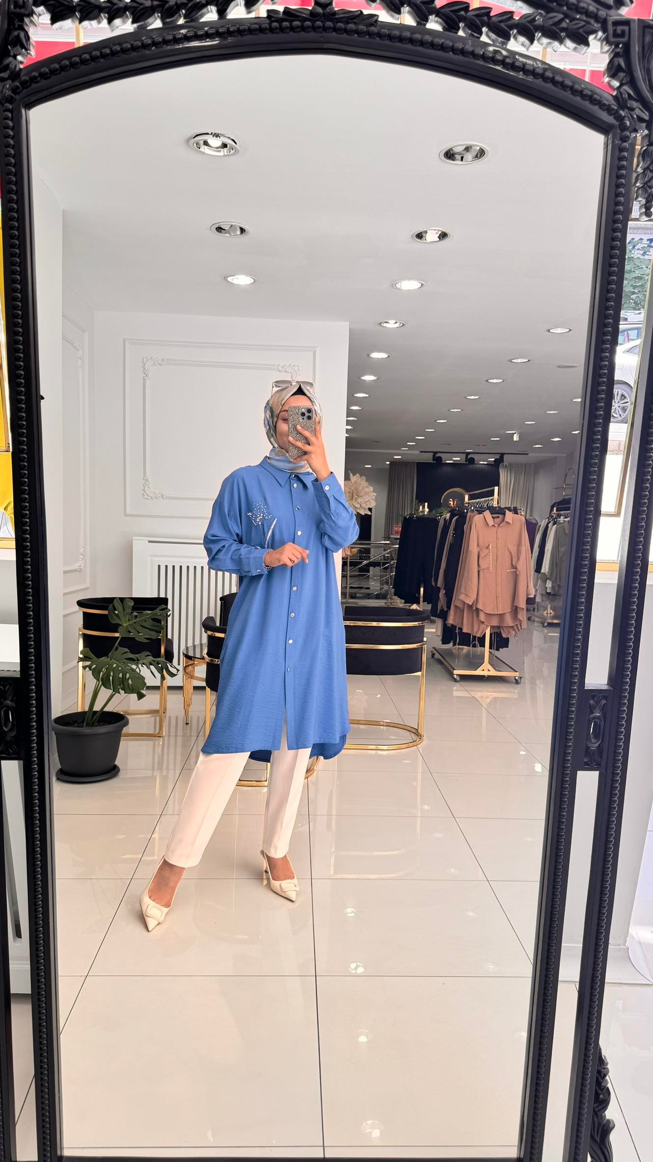 23025 Nakış işlemeli tunik-MAVİ