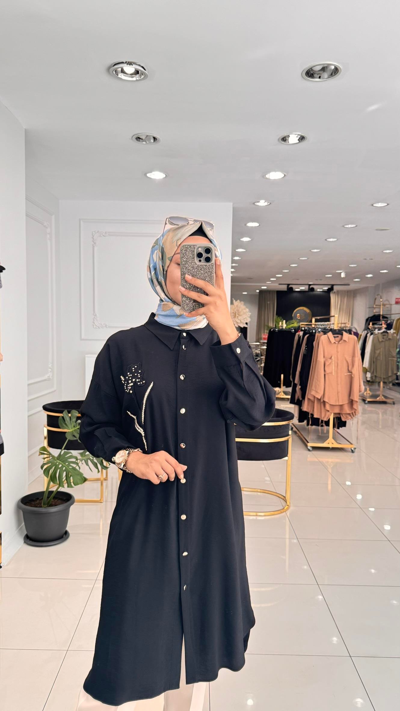 23025 Nakış işlemeli tunik-SİYAH