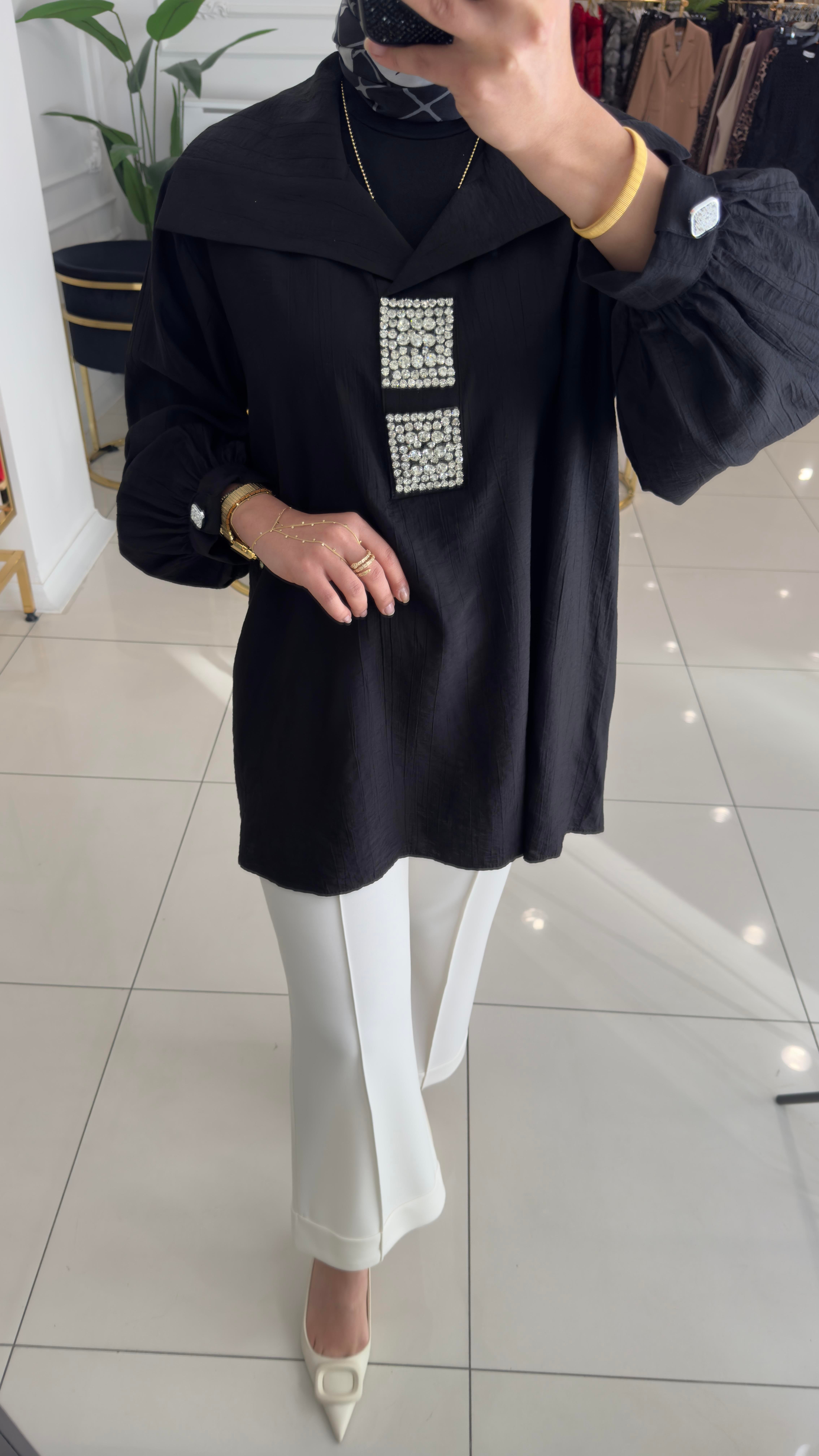 3232 Mona Taşlı Tunik-SİYAH