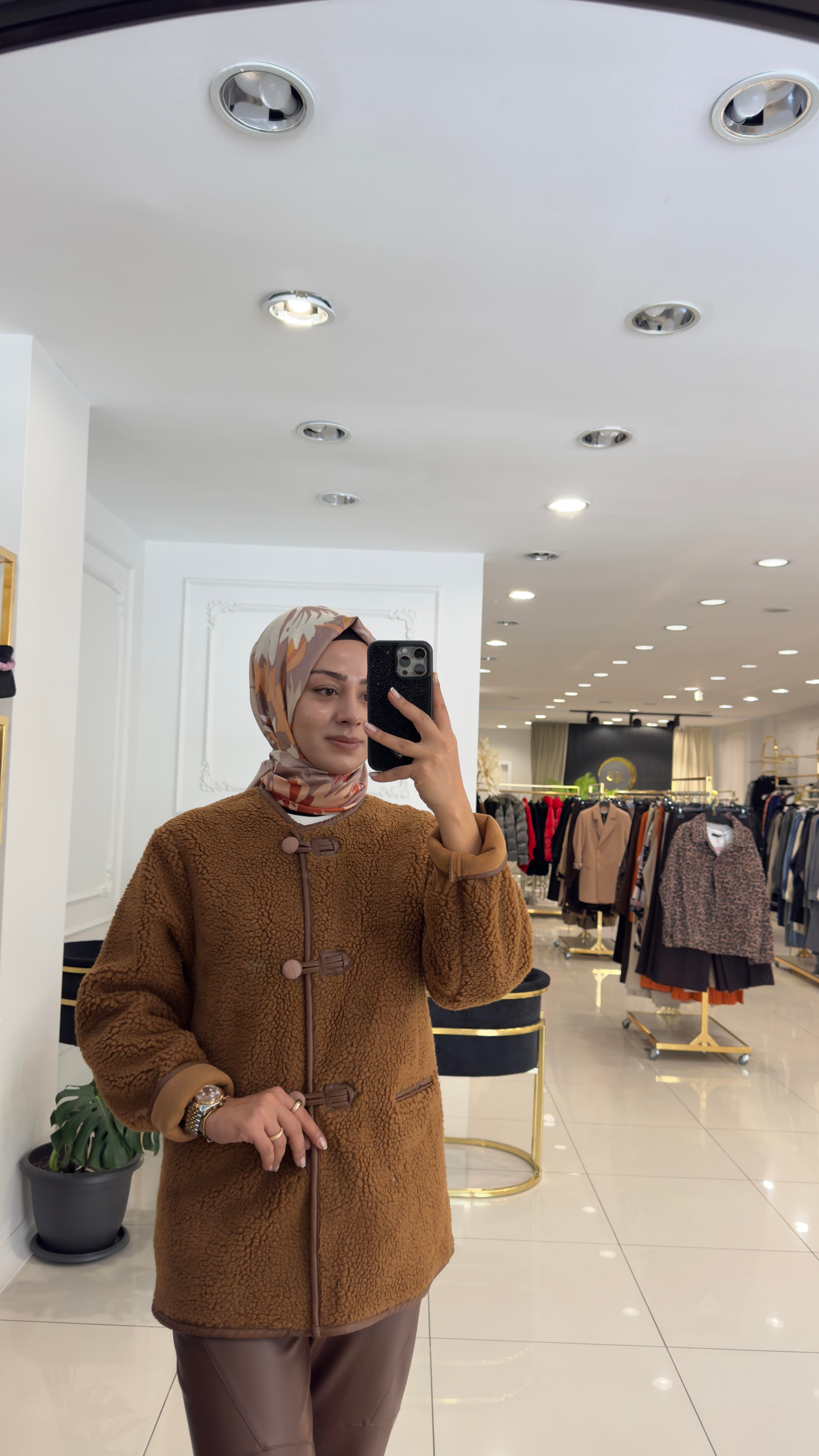 54445 Peluş düğmeli mont-CAMEL
