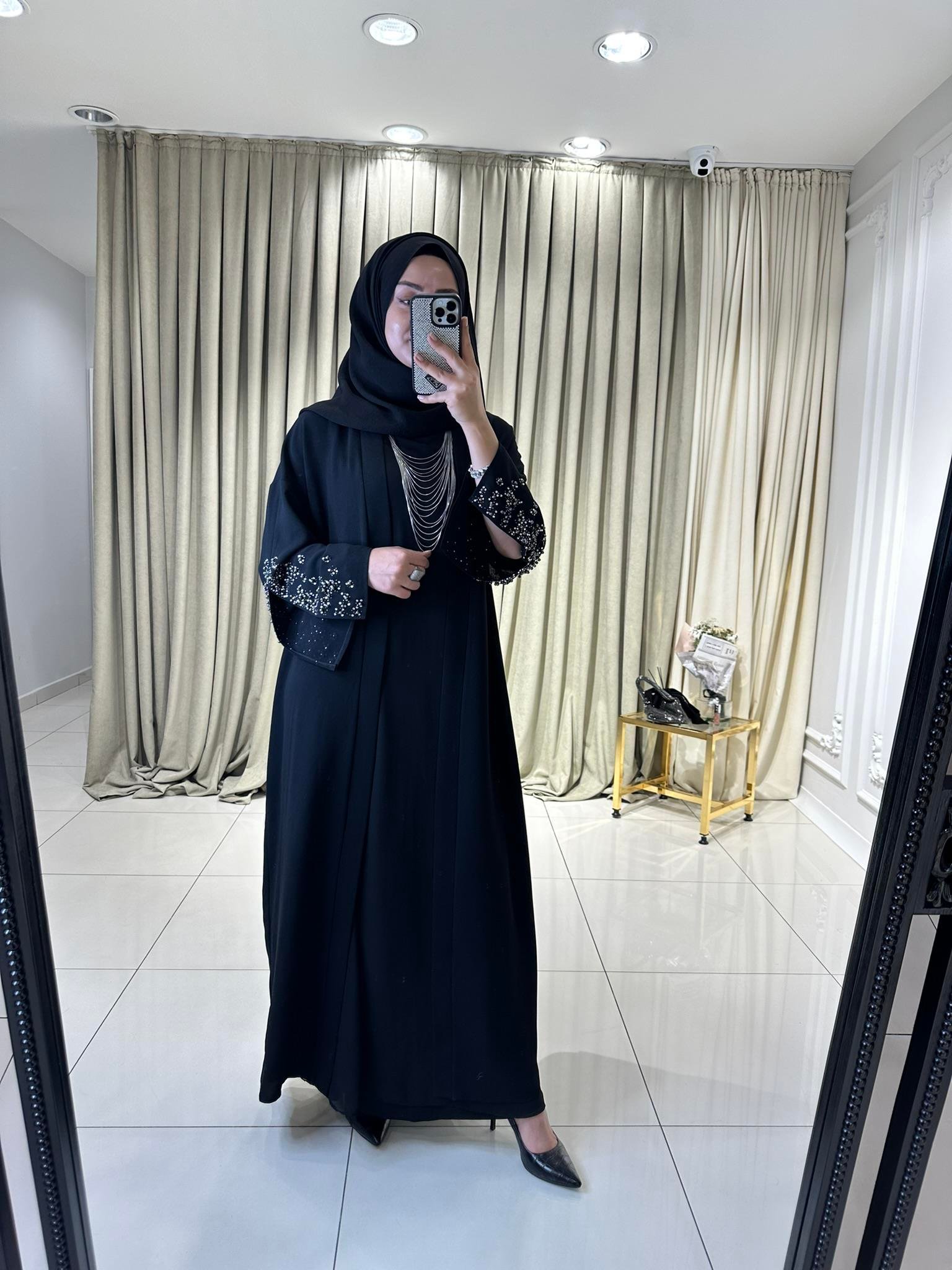 9207 Boncuk işlemeli Abaya  SİYAH