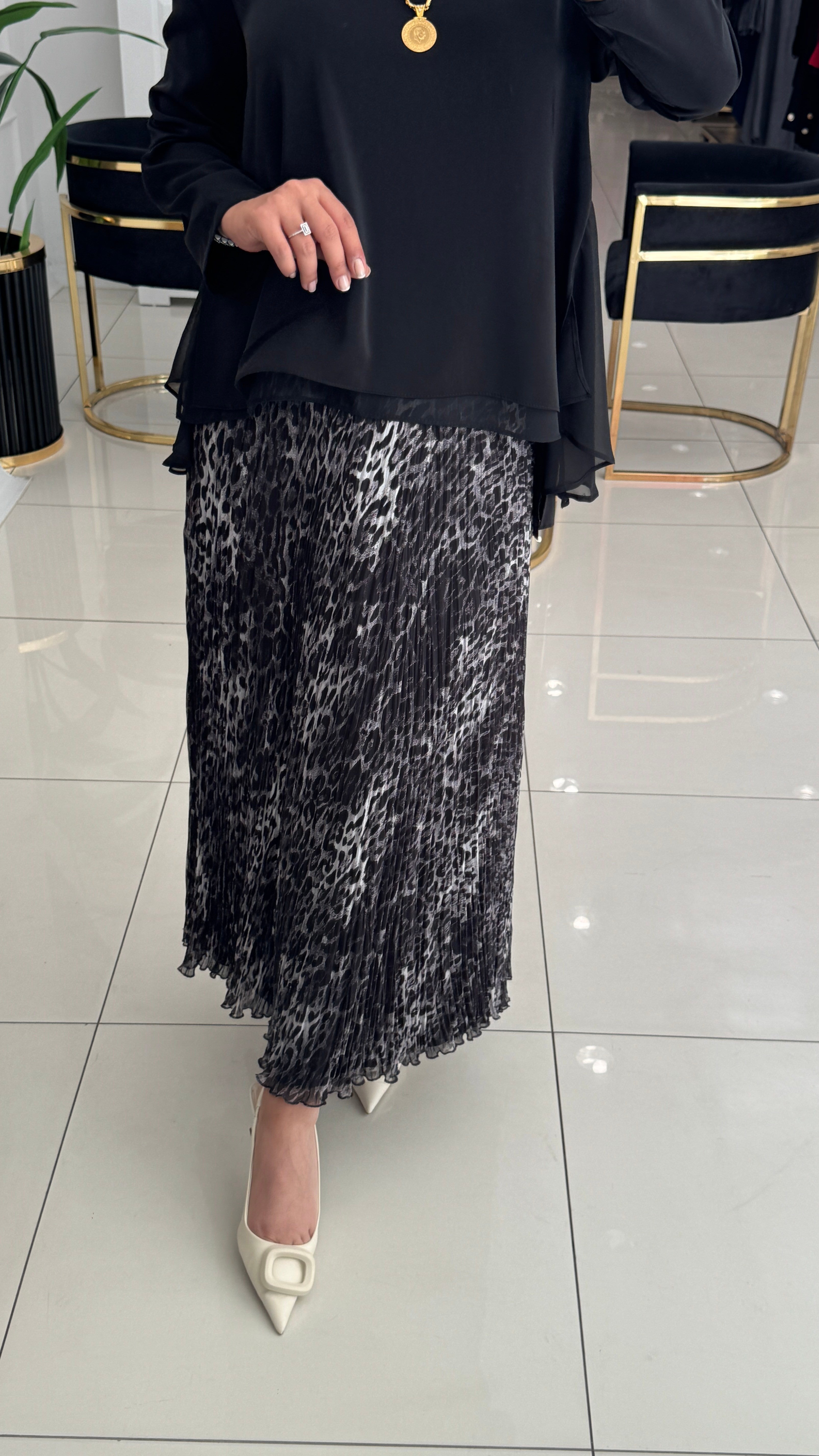 SZ-5432 Leopar kırıştırma etek-ANTRASİT