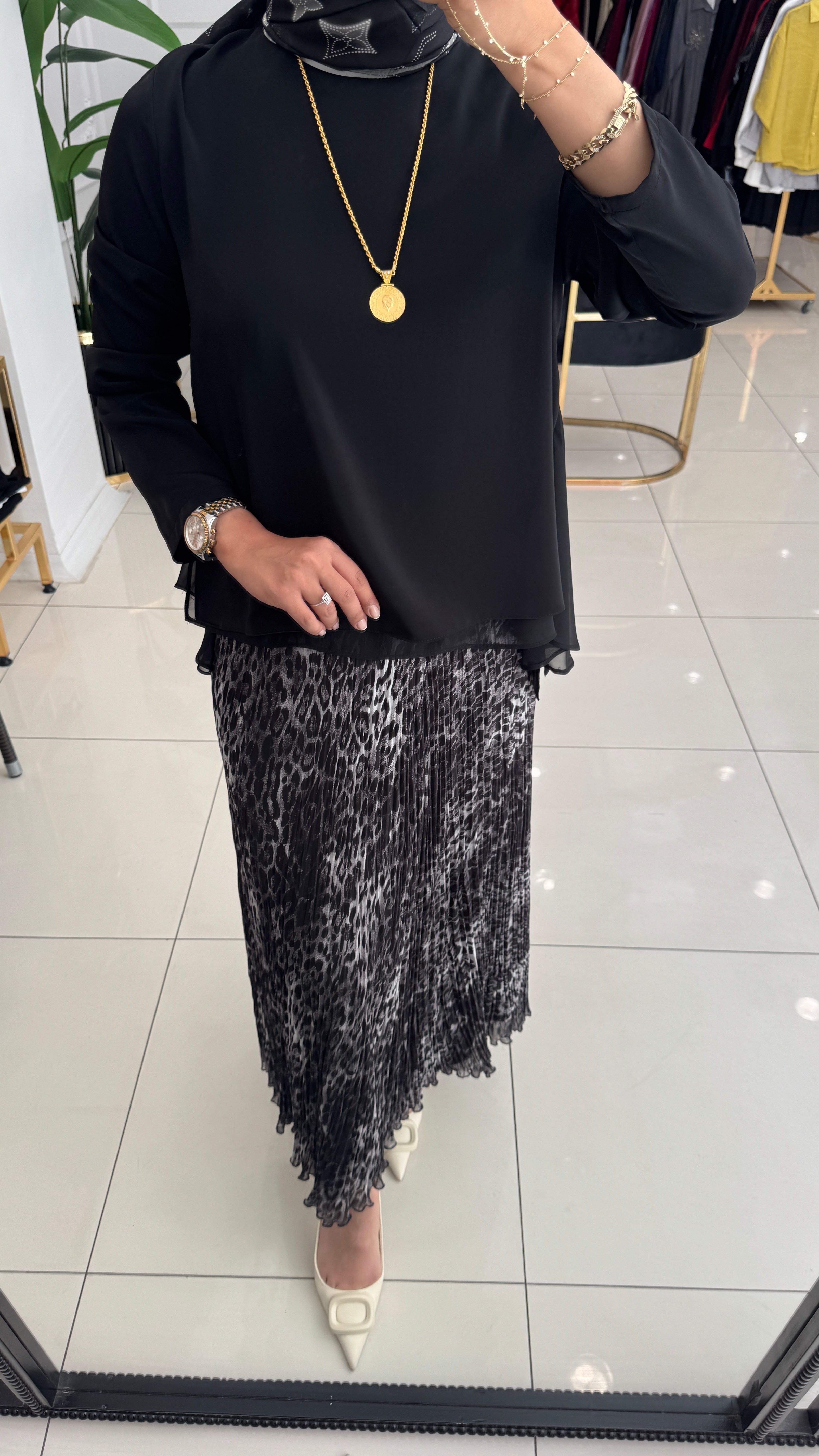 SZ-5432 Leopar kırıştırma etek-ANTRASİT