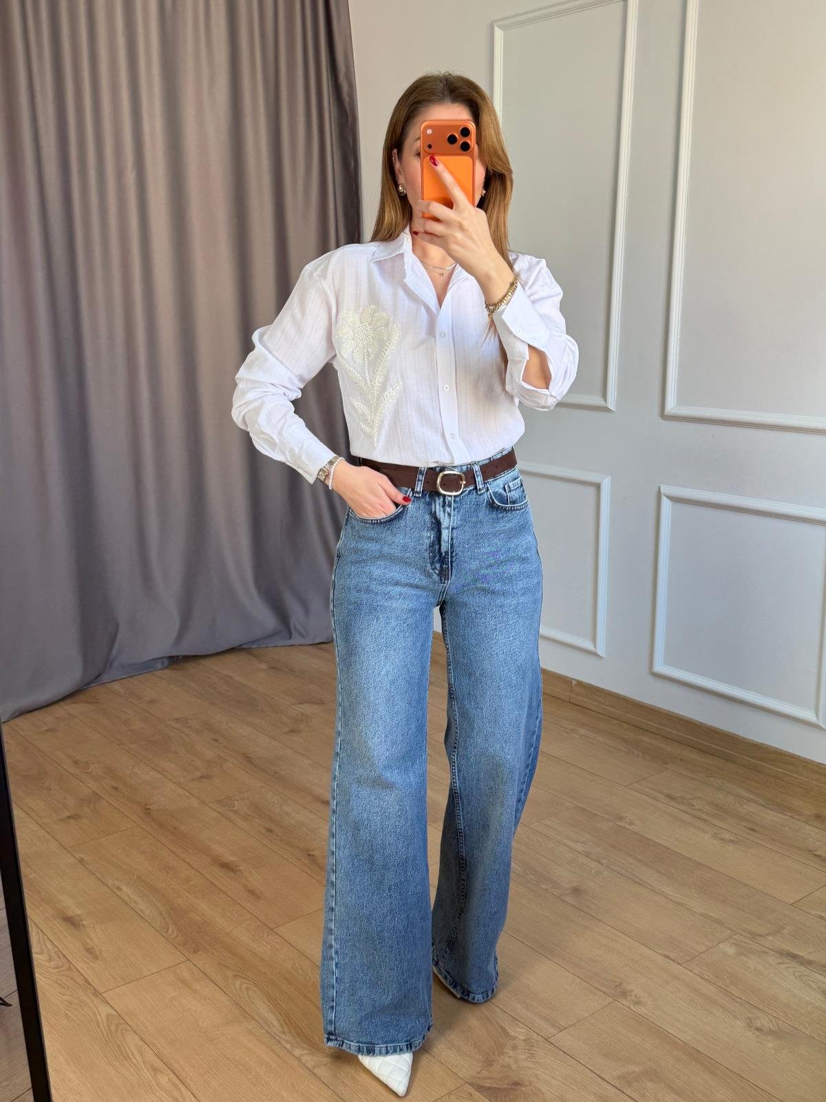 Açık Mavi Bol Paça Kemerli Jean