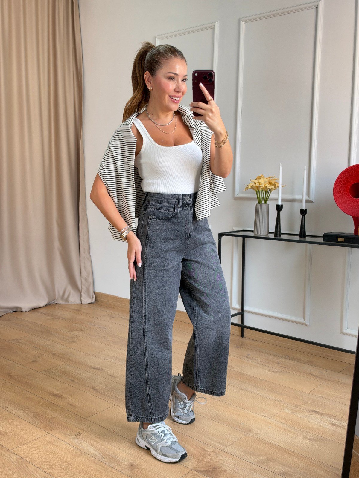 Antrasit Dikiş Detaylı Mom Jean