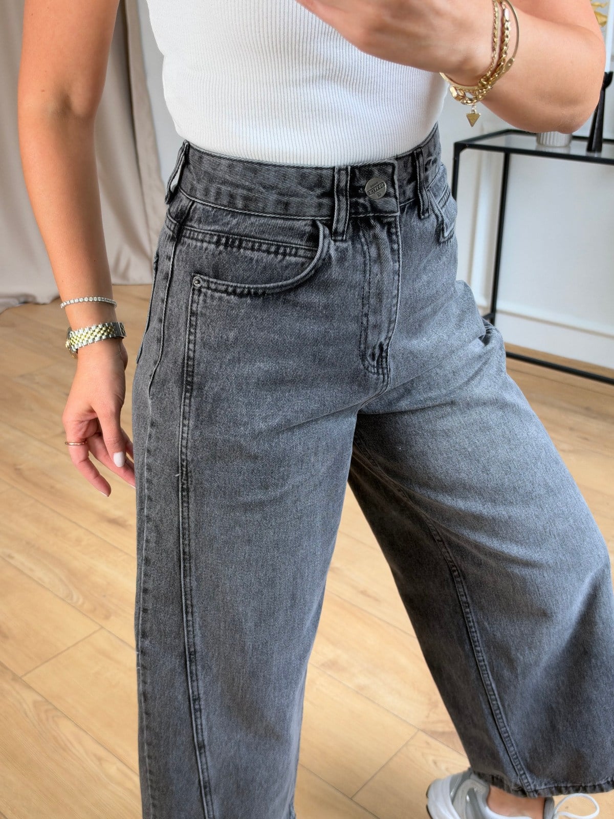 Antrasit Dikiş Detaylı Mom Jean