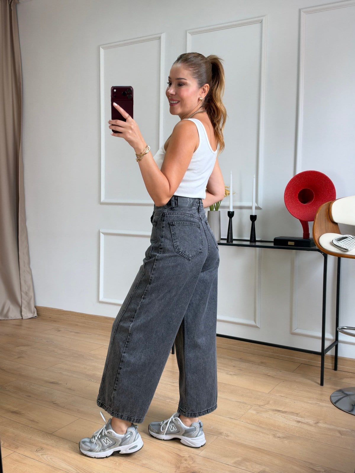 Antrasit Dikiş Detaylı Mom Jean