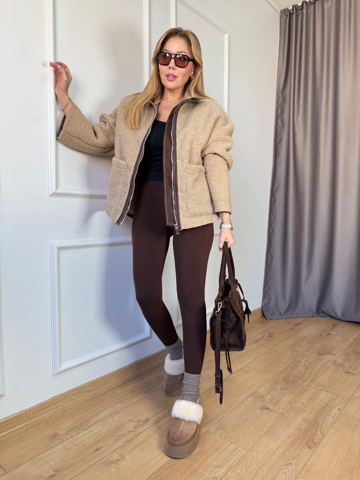 Bej Biyeli Peluş Mont