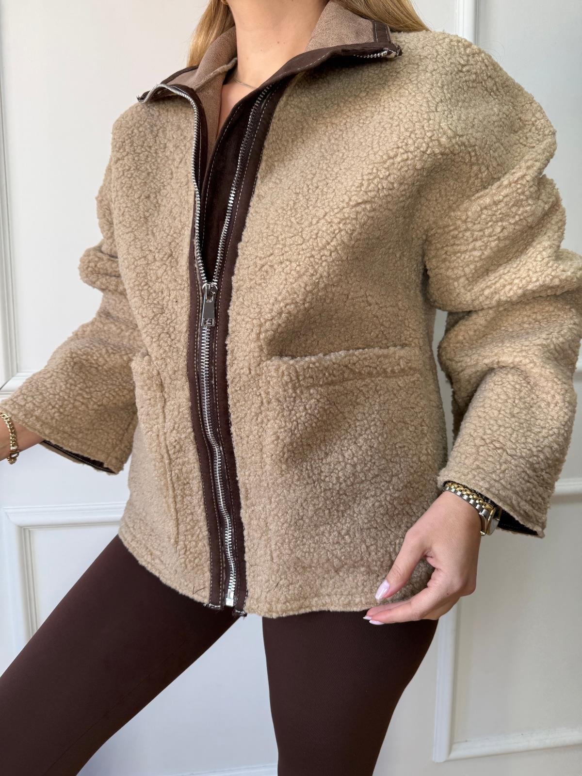 Bej Biyeli Peluş Mont