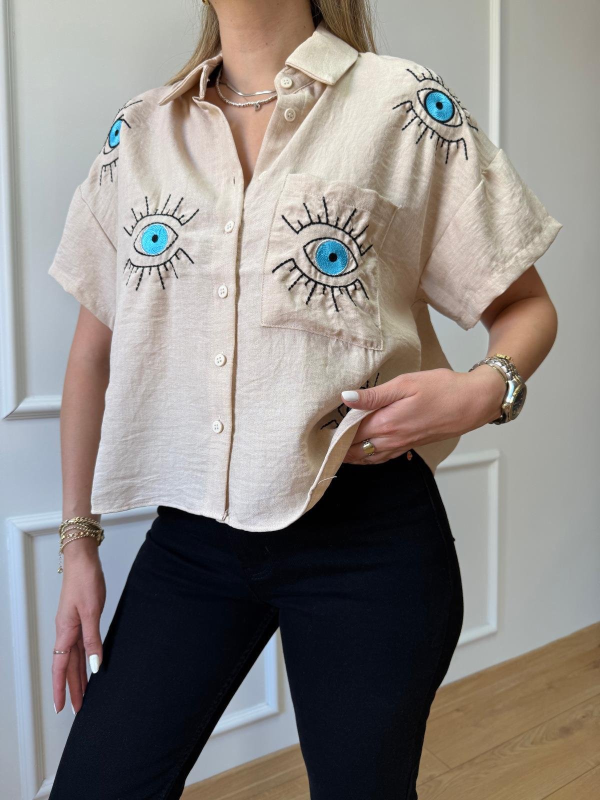 Bej Göz Nakışlı Gömlek