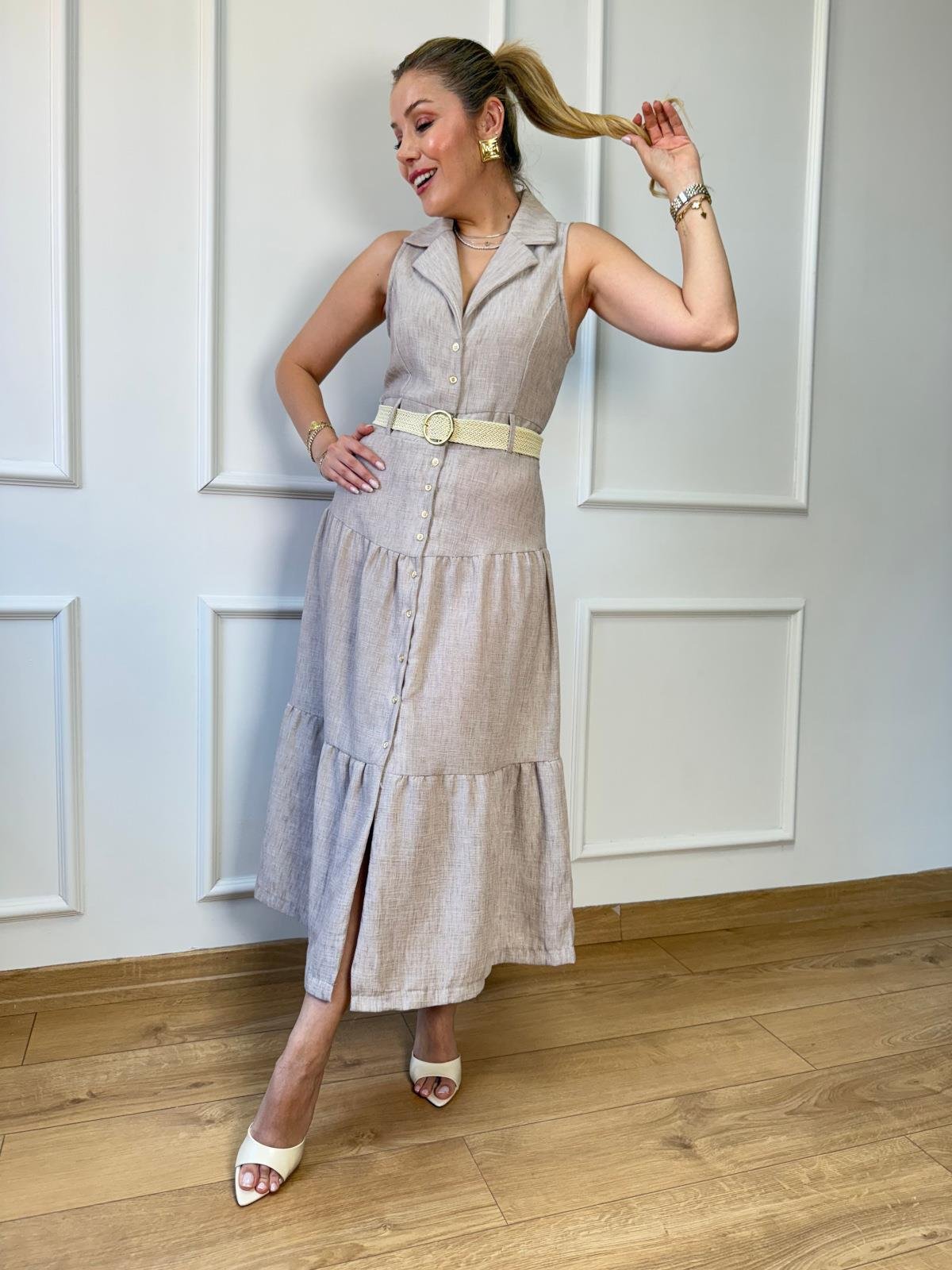 Bej Kemerli Midi Elbise