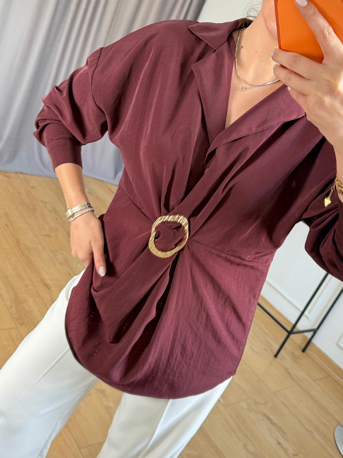 Bordo Aksesuar Tokalı Bluz