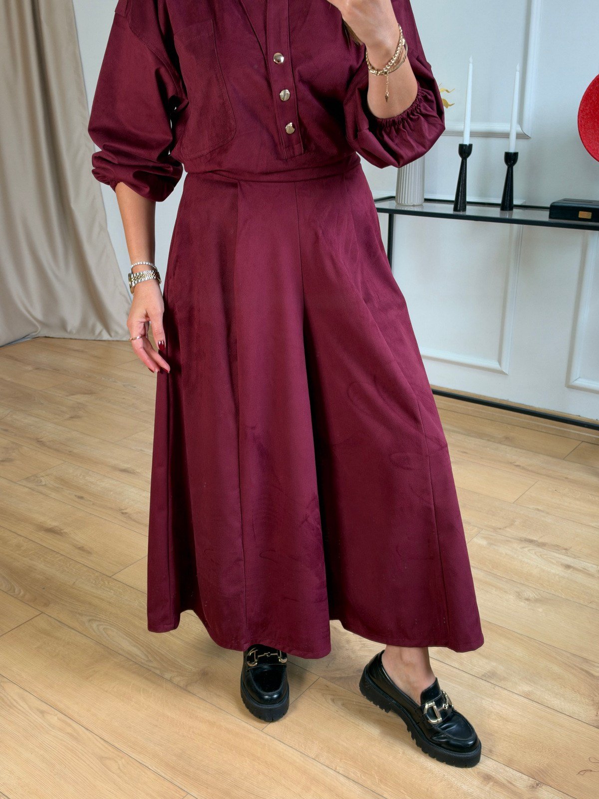 Bordo Geniş Paçalı Pantolon