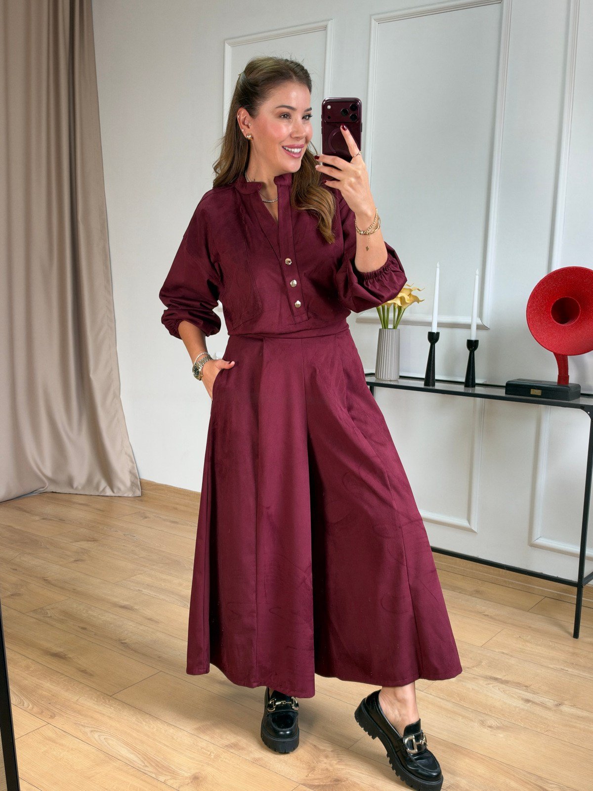 Bordo Geniş Paçalı Pantolon