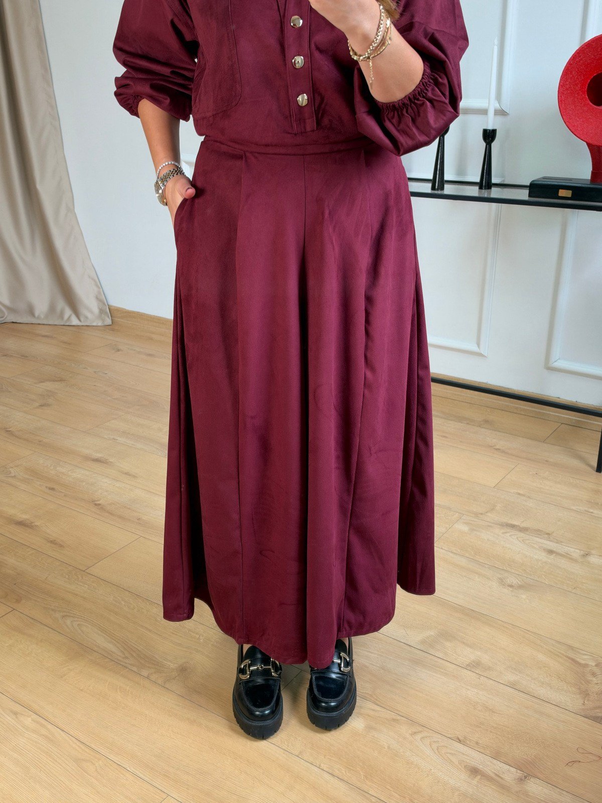 Bordo Geniş Paçalı Pantolon