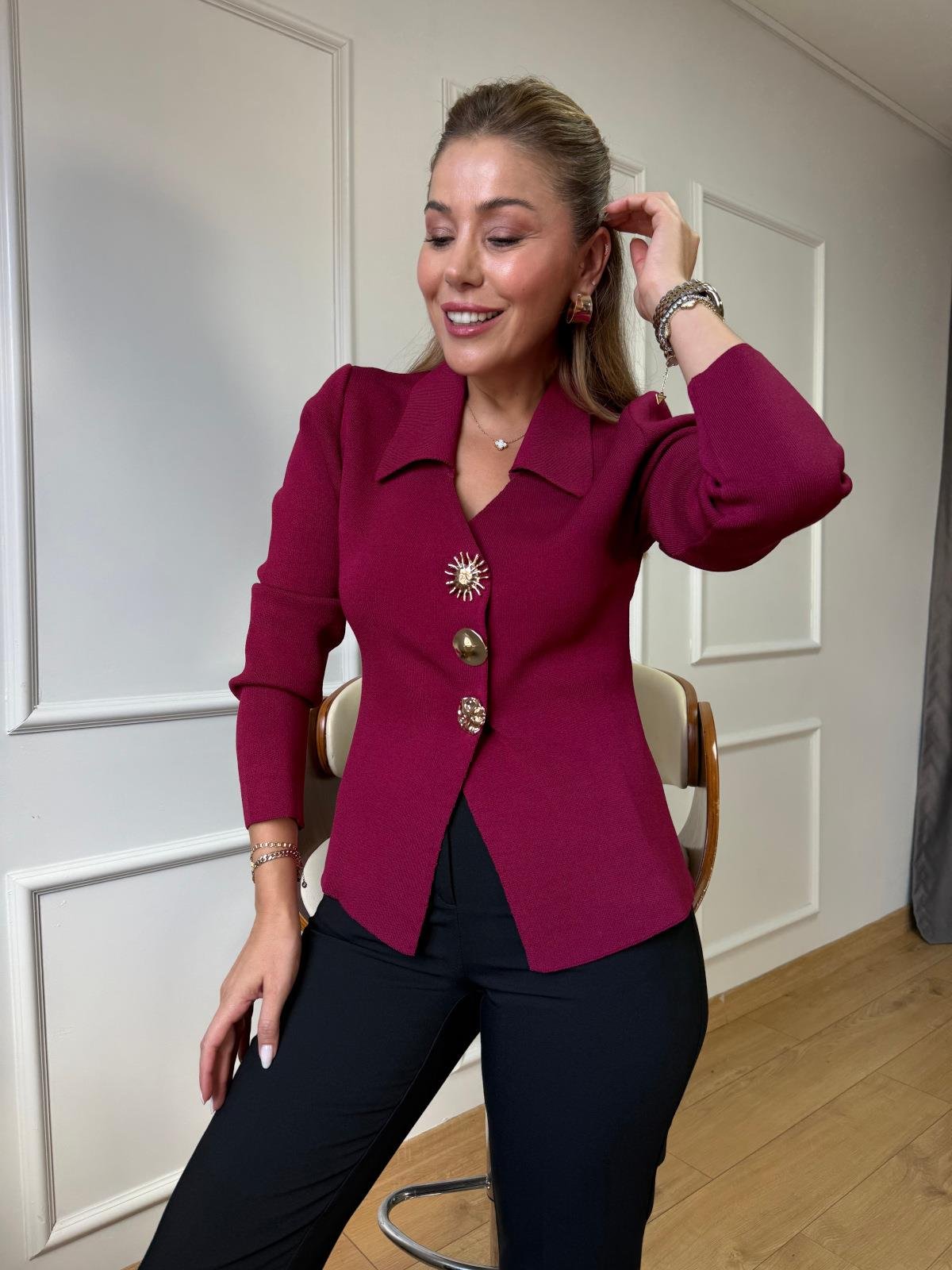 Bordo Gold Düğmeli Çelik Hırka