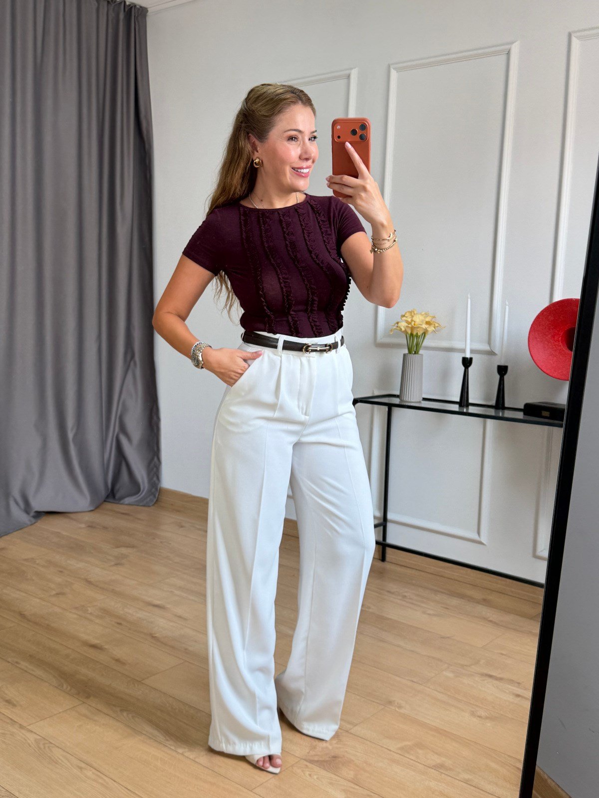 Bordo Önü Fırfır Detaylı Bluz