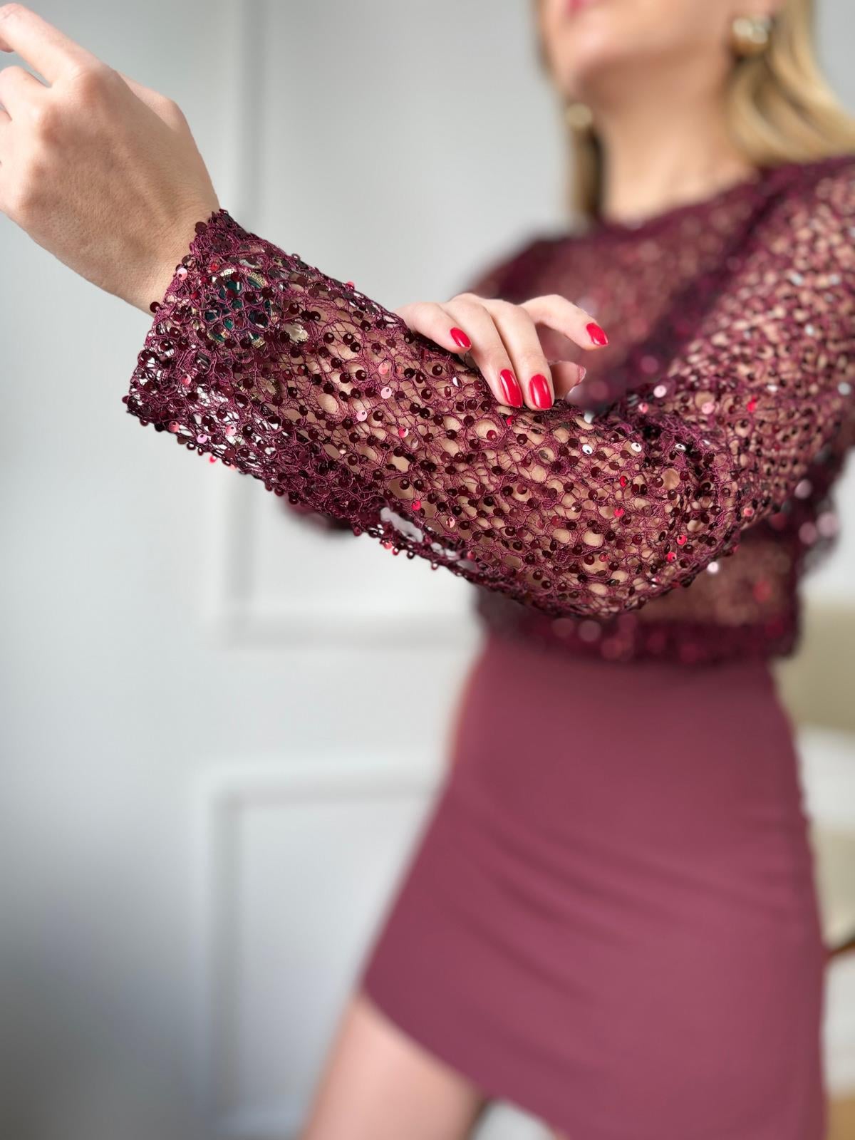 Bordo Pullu File Bluz