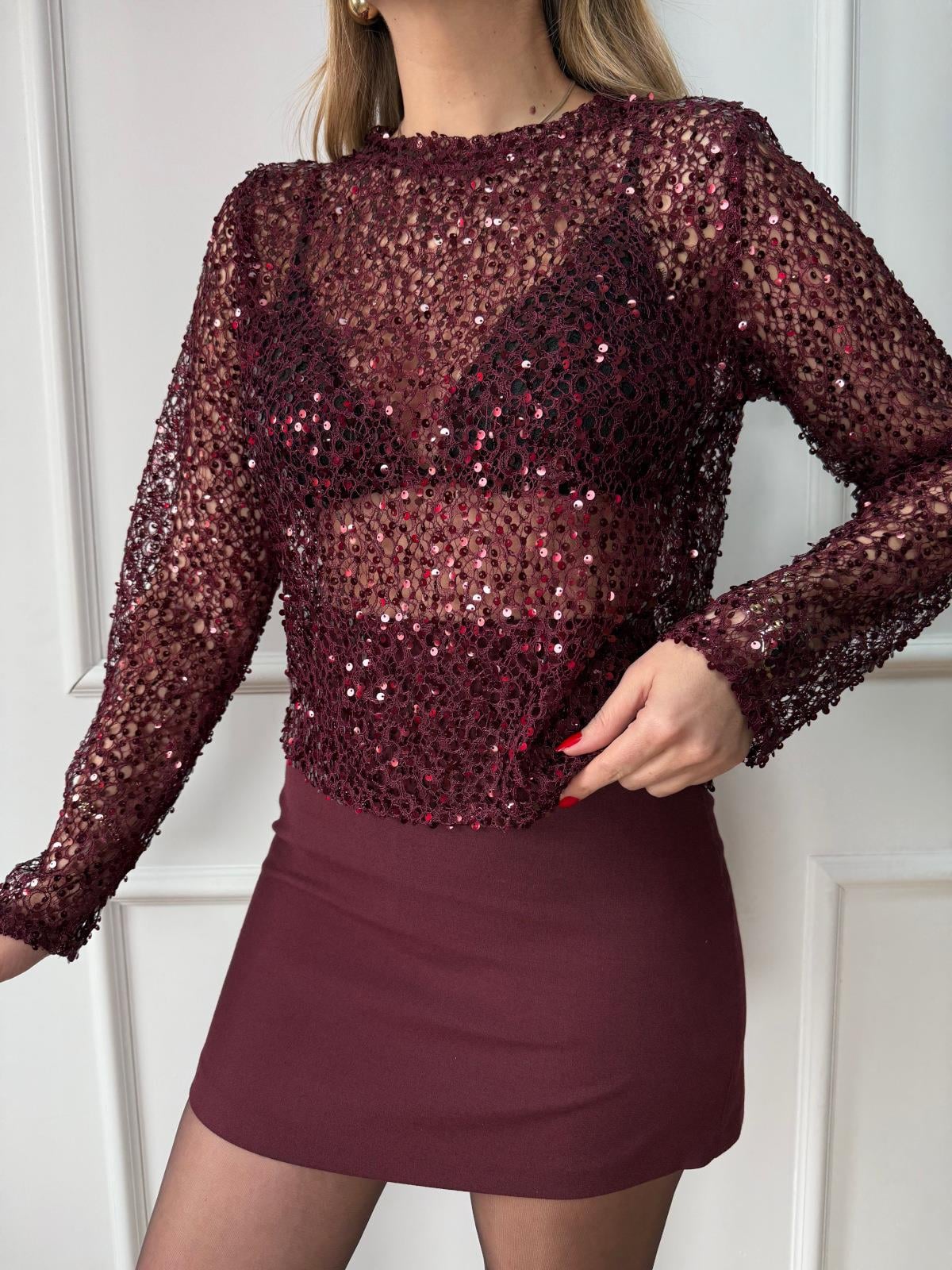 Bordo Pullu File Bluz