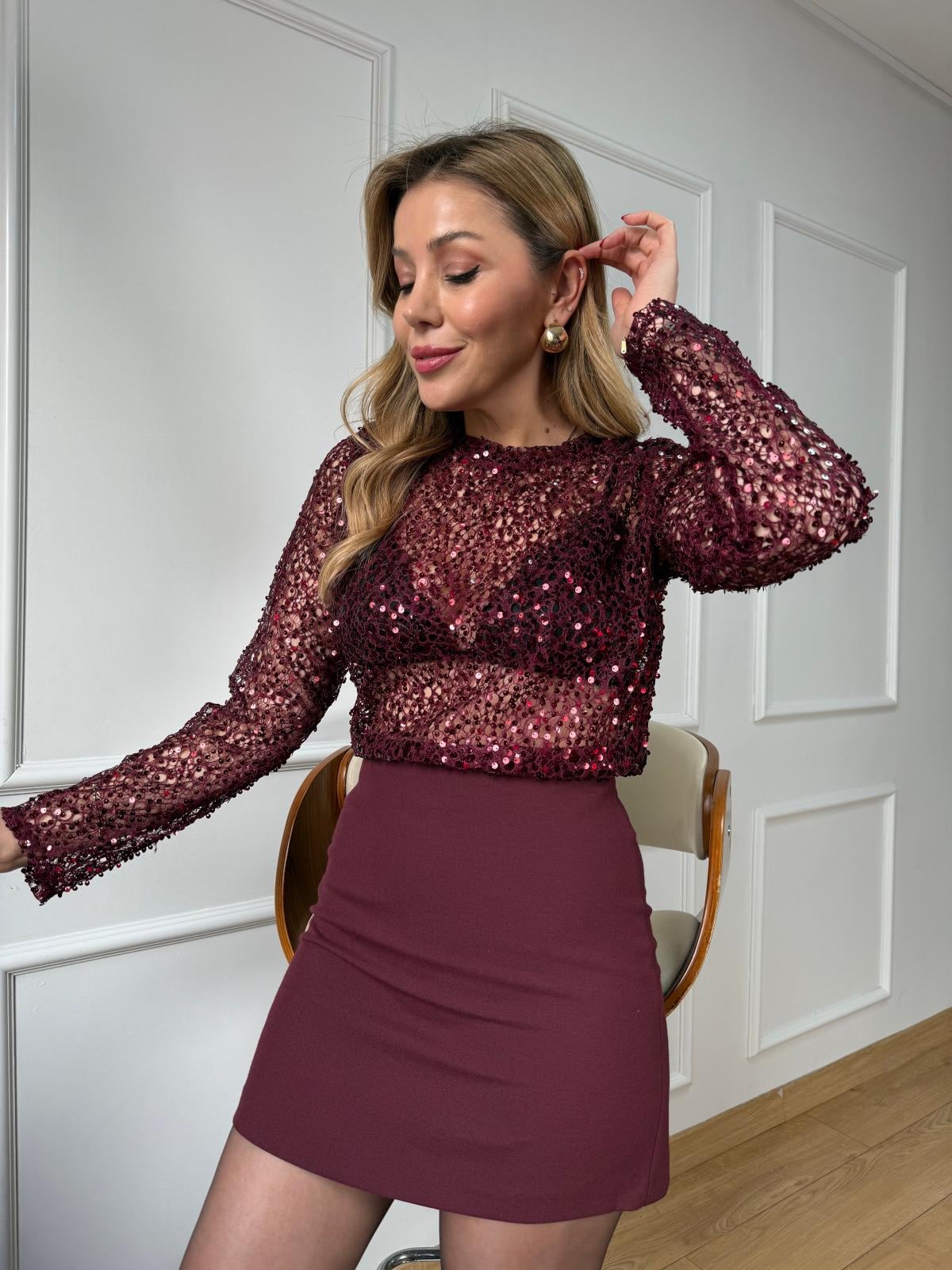 Bordo Pullu File Bluz