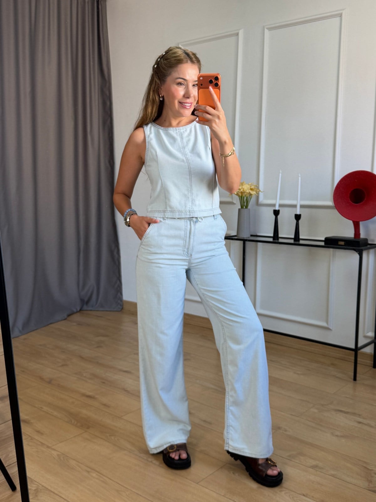 Buz Mavisi Beli Bağlamalı Bluz Pantolon Takım