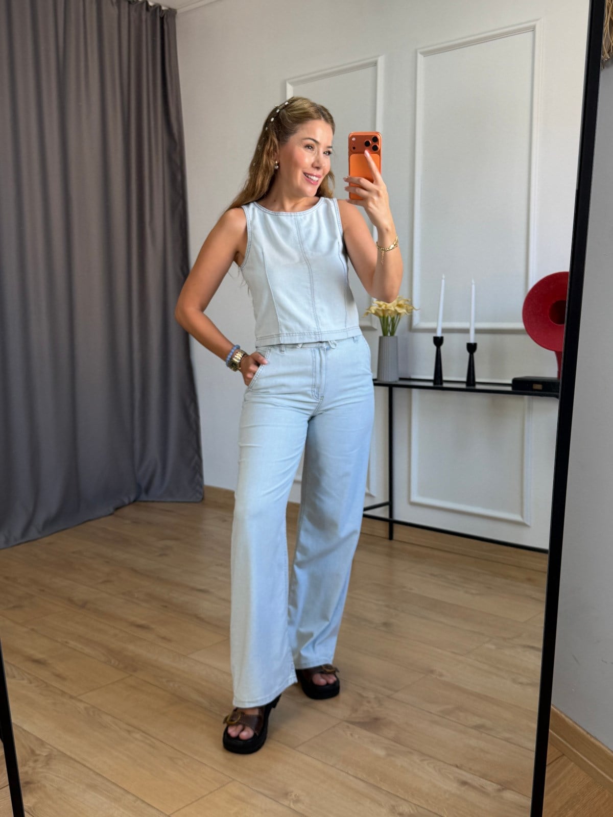 Buz Mavisi Beli Bağlamalı Bluz Pantolon Takım