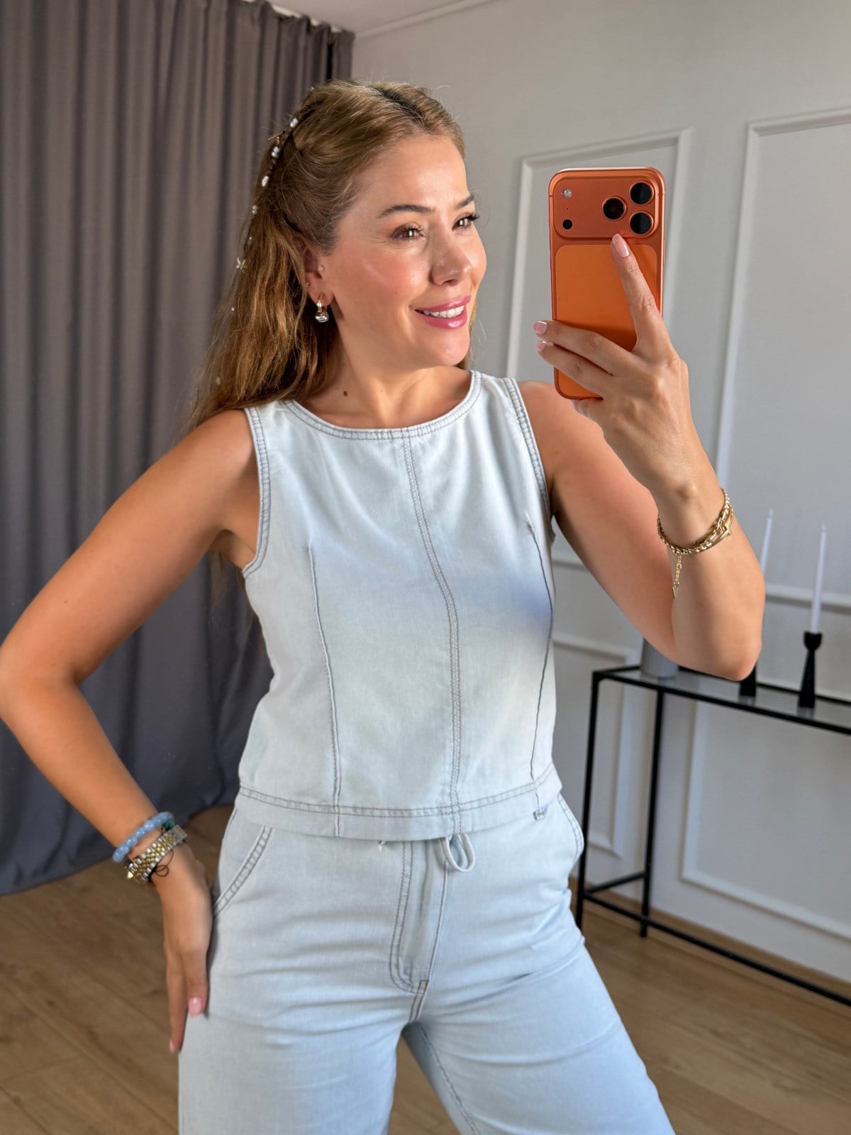 Buz Mavisi Beli Bağlamalı Bluz Pantolon Takım