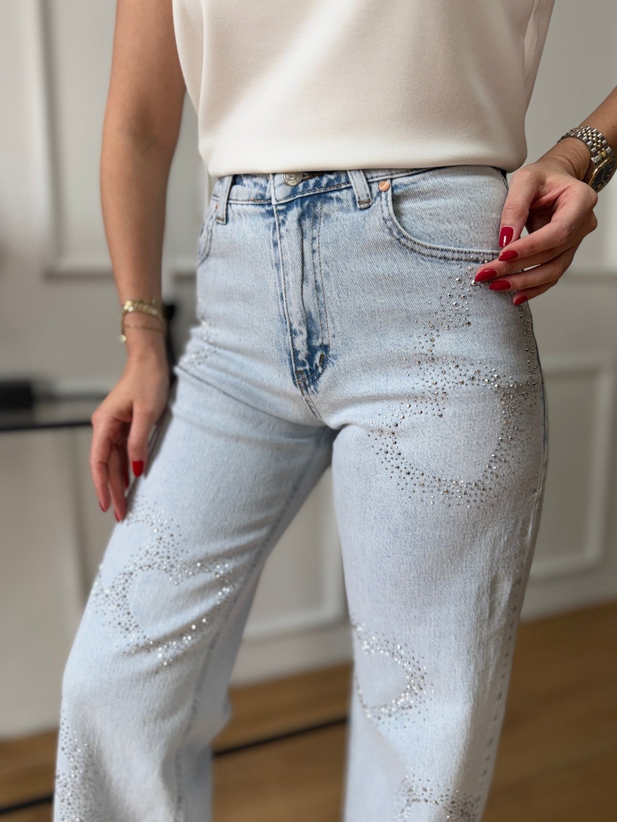 Buz Mavisi Kalp Taşlı Jean