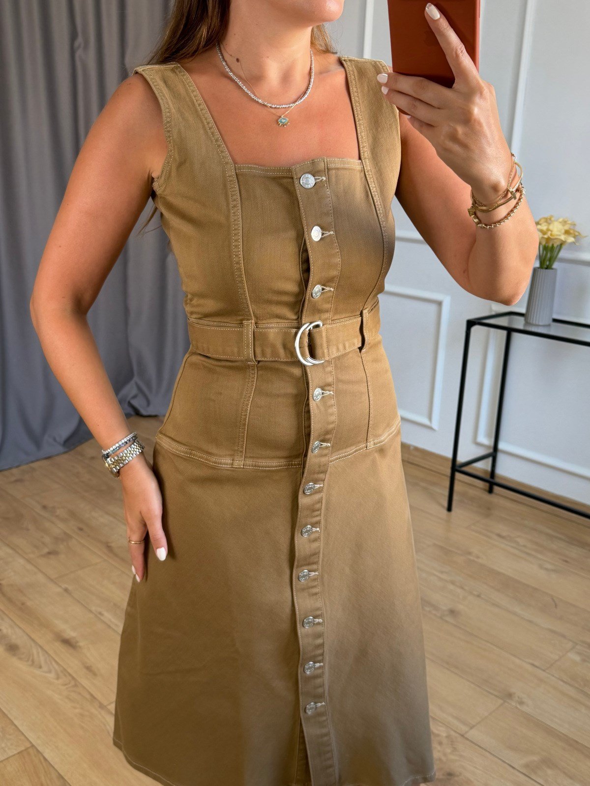 Camel Gümüş Düğmeli Jean Elbise