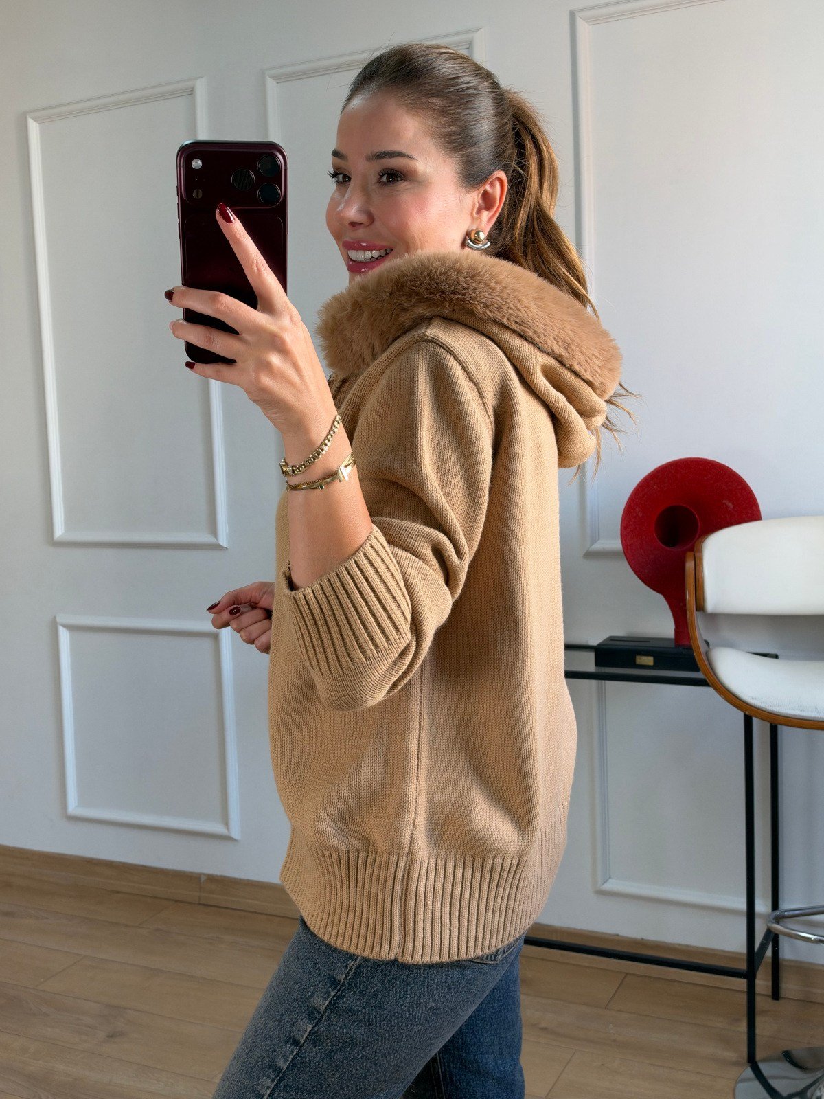 Camel Kapüşonlu Kürk Detay Hırka