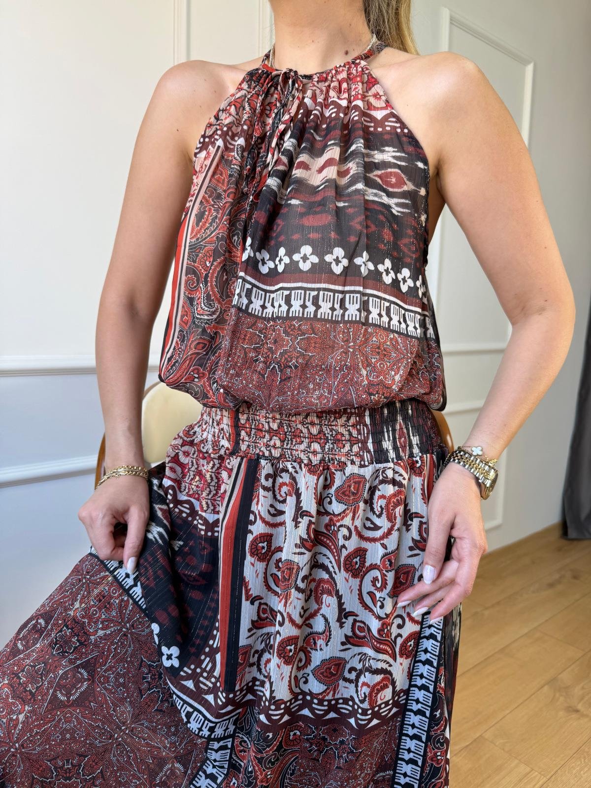 Desenli Metalik Elbise