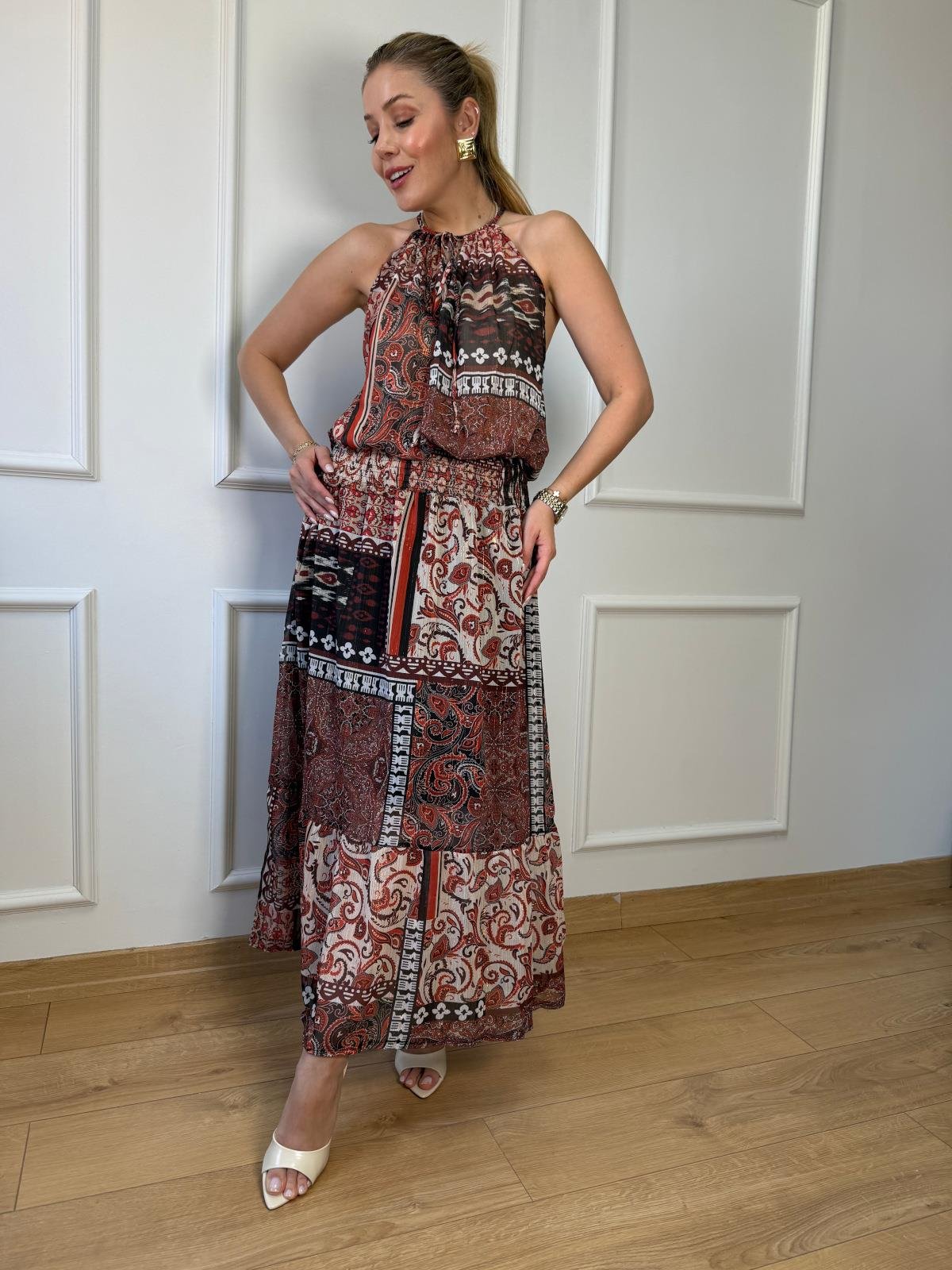 Desenli Metalik Elbise