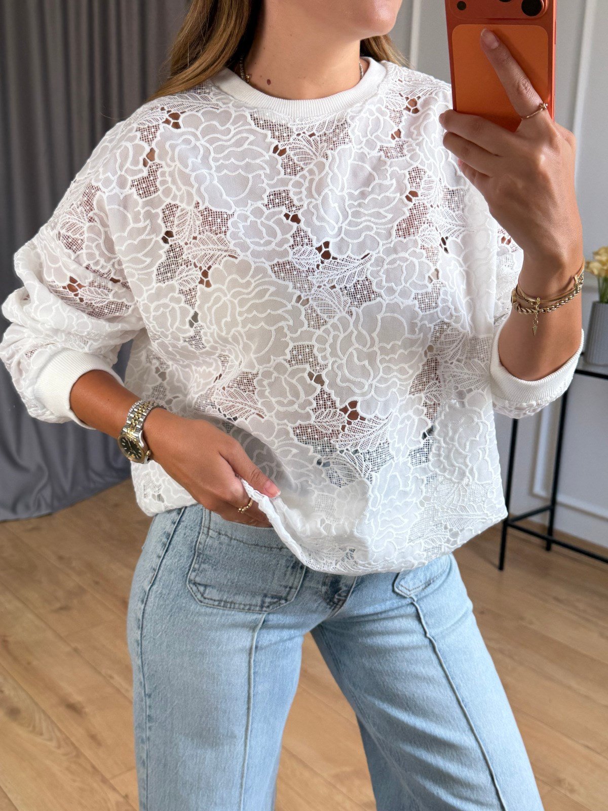 Ekru Dantelli Sweatshirt