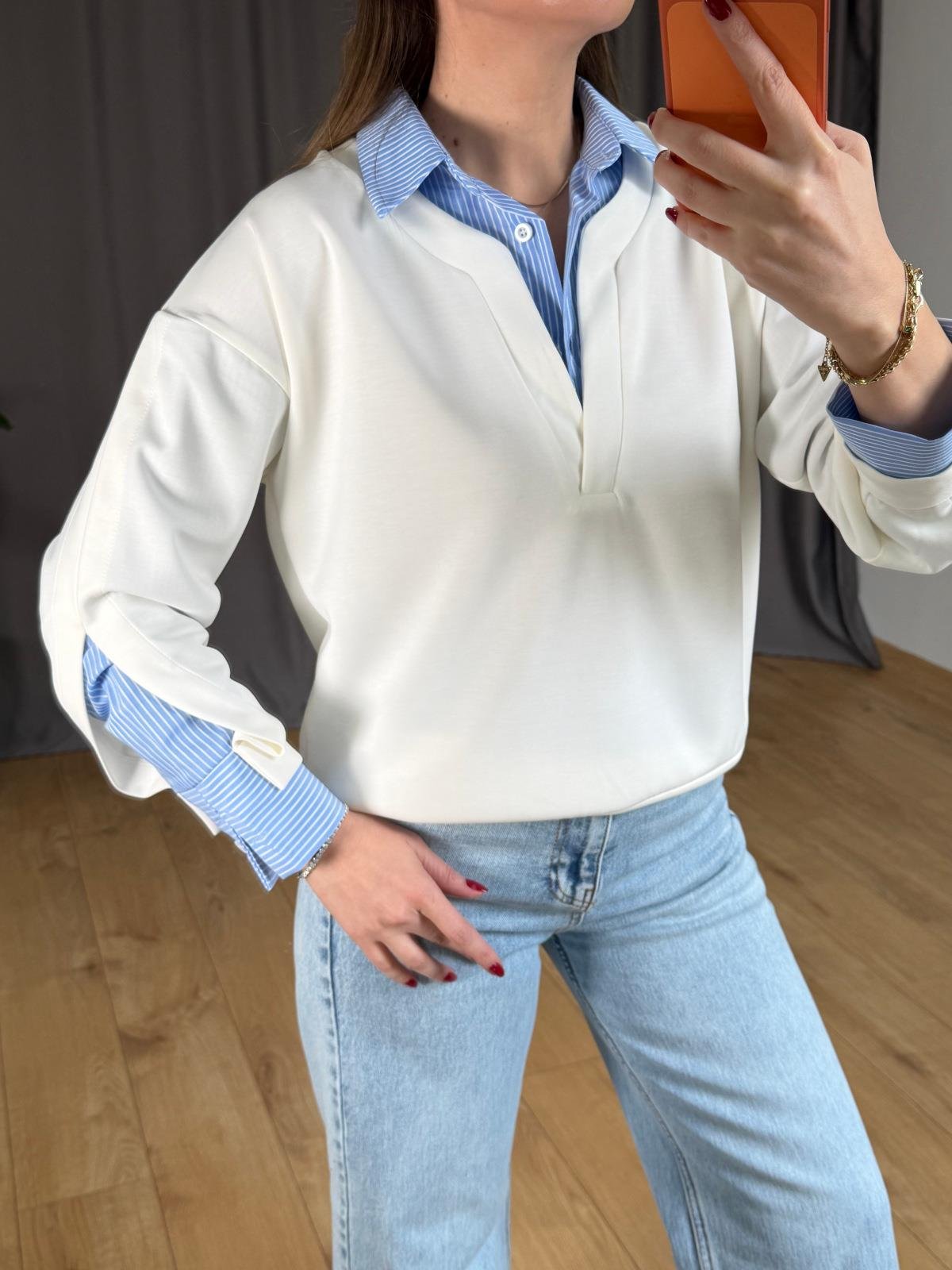 Ekru Gömlek Yakalı Sweatshirt