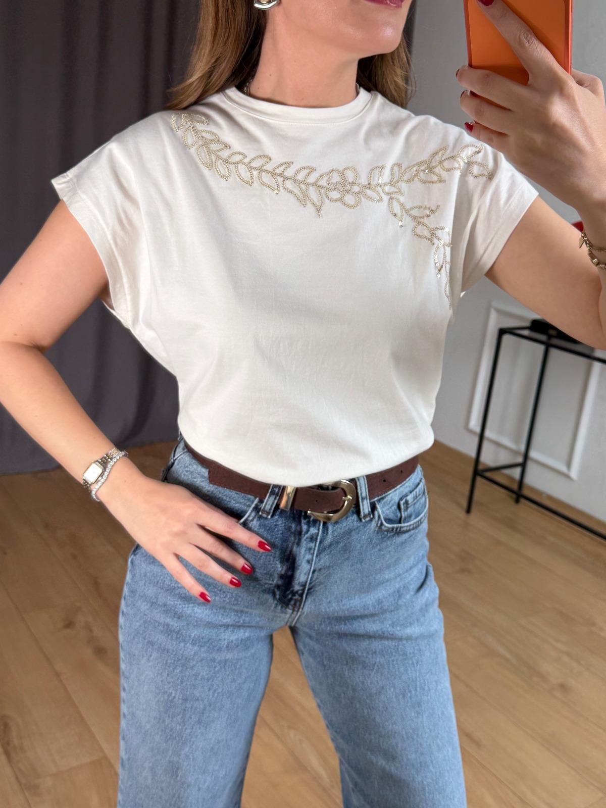 Ekru Yaprak Desen Tshirt