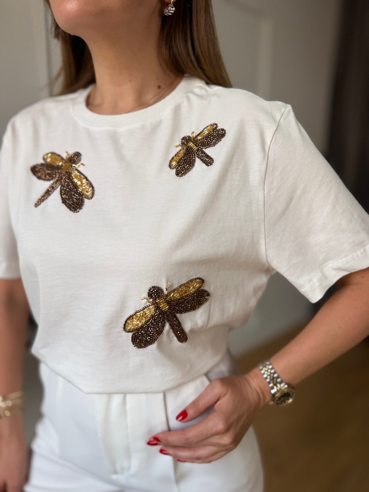 Ekru Yusufcuk Taşlı Tshirt