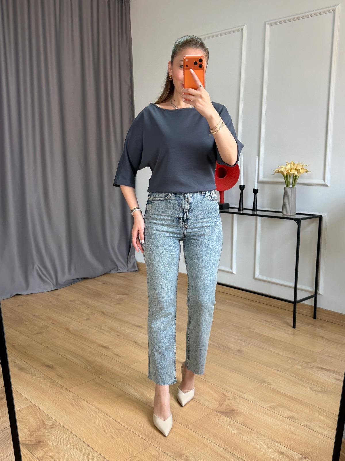 Füme Geniş Yaka Basic Tshirt